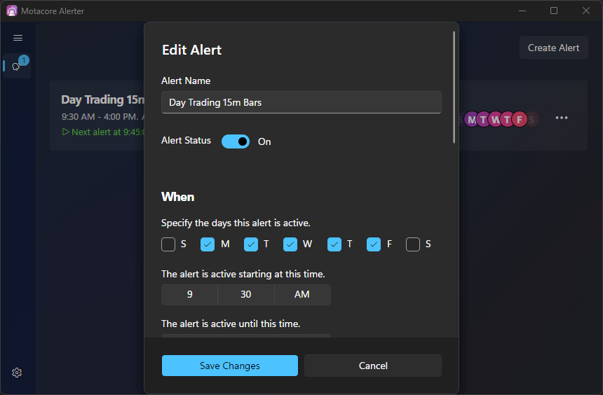 Create & Edit Alert Screenshot (Dark Mode)